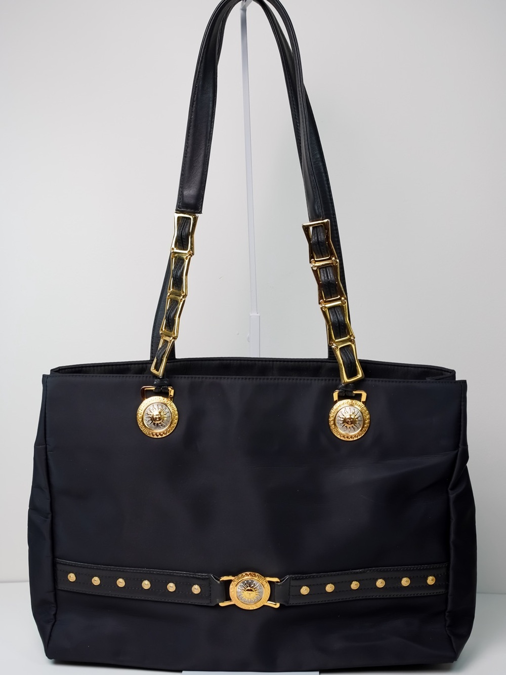 Vintage Gianni Versace Sunburst Medallion Black Nylon Tote Bag 90s
